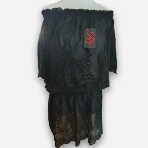 Roja Black Cotton Lace Off The Shoulder Floral Embroidery Dress Cover Up